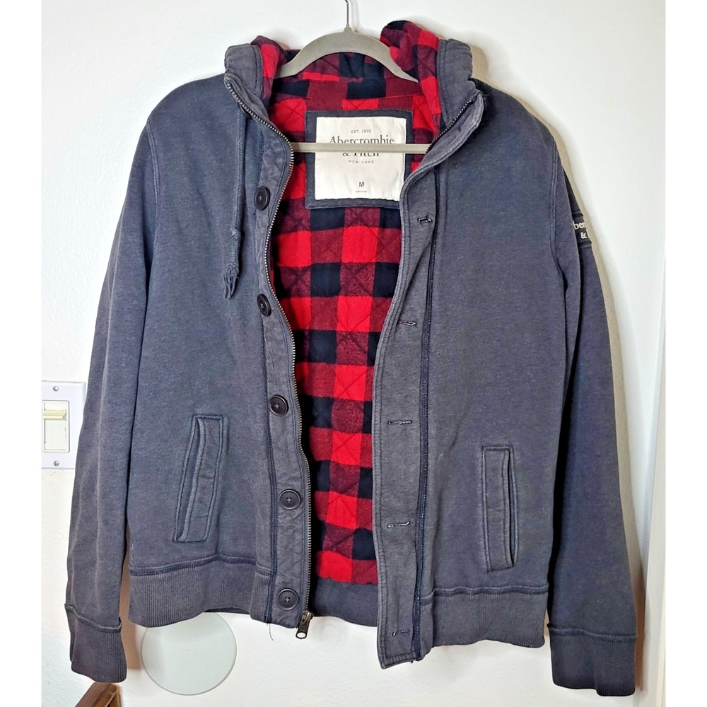 Abercrombie & Fitch Button Hoodie Mens M Gray Flannel-Lined Heavy Jacket Y2K